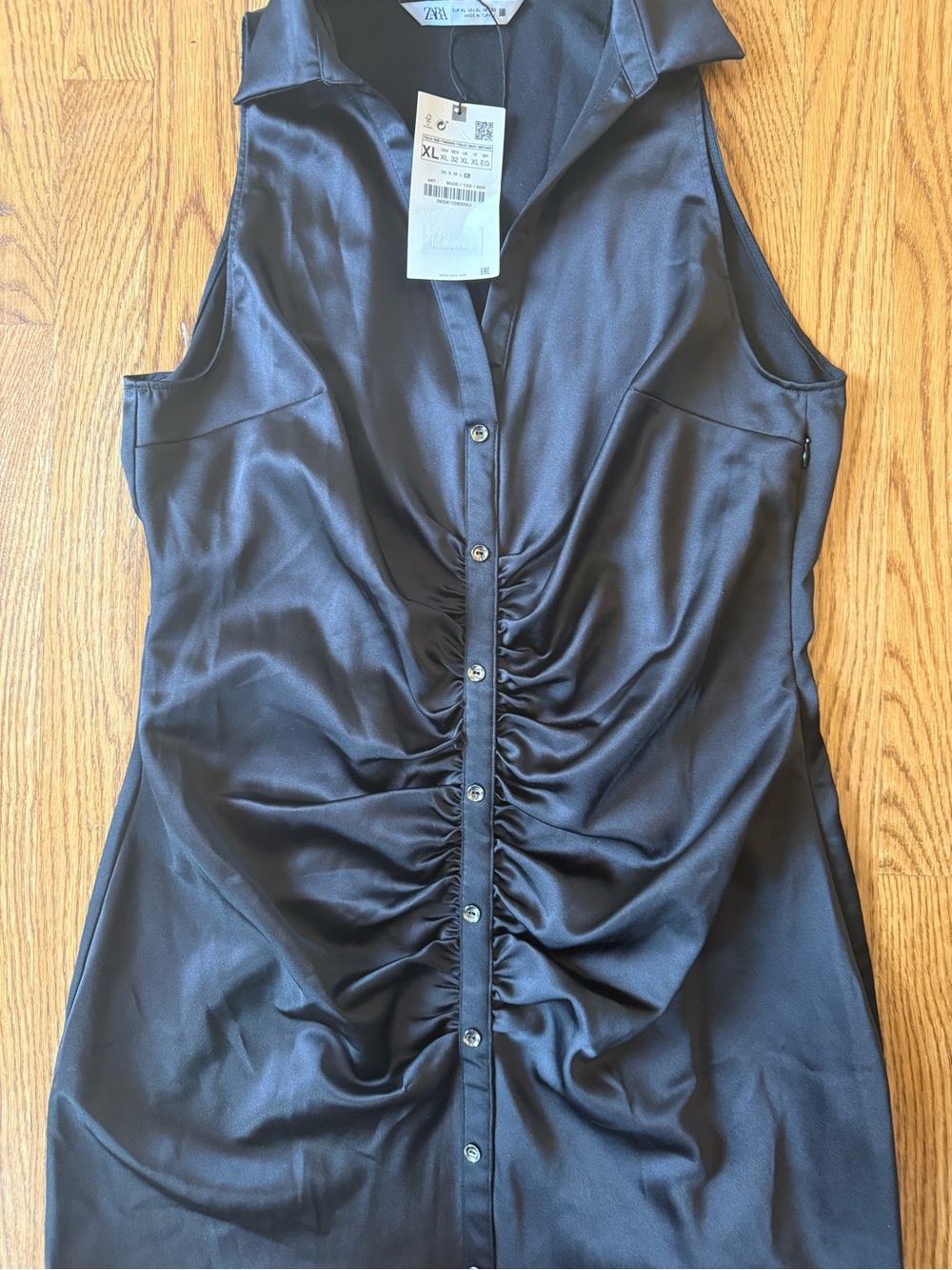 ZARA Black Satin Ruched Button-Front Sleeveless Dress